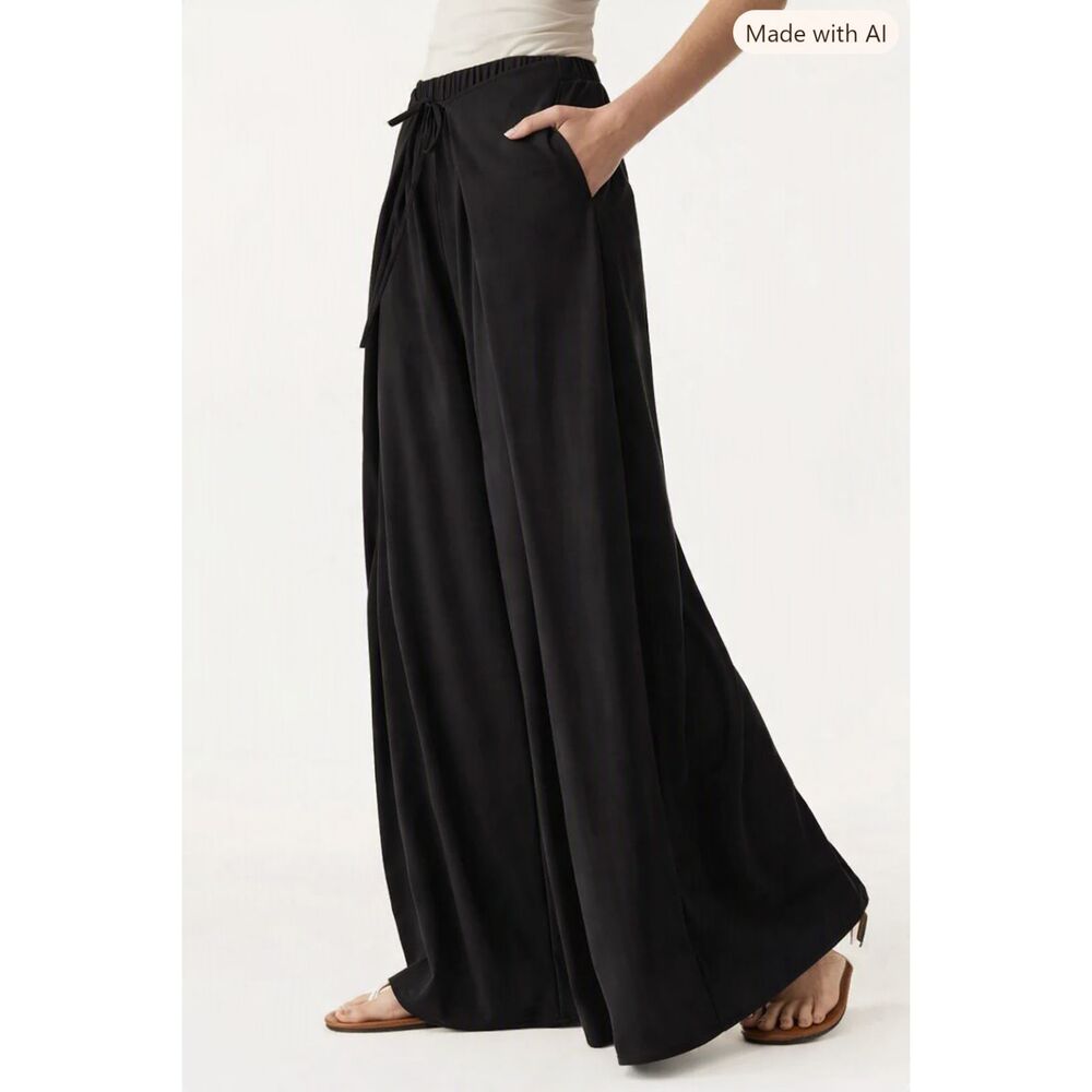 NWT OGL Ponte-De-Roma Bamboo Ponte Wrap-tie Palazzo Pant w/ Pockets Black S 2/4
